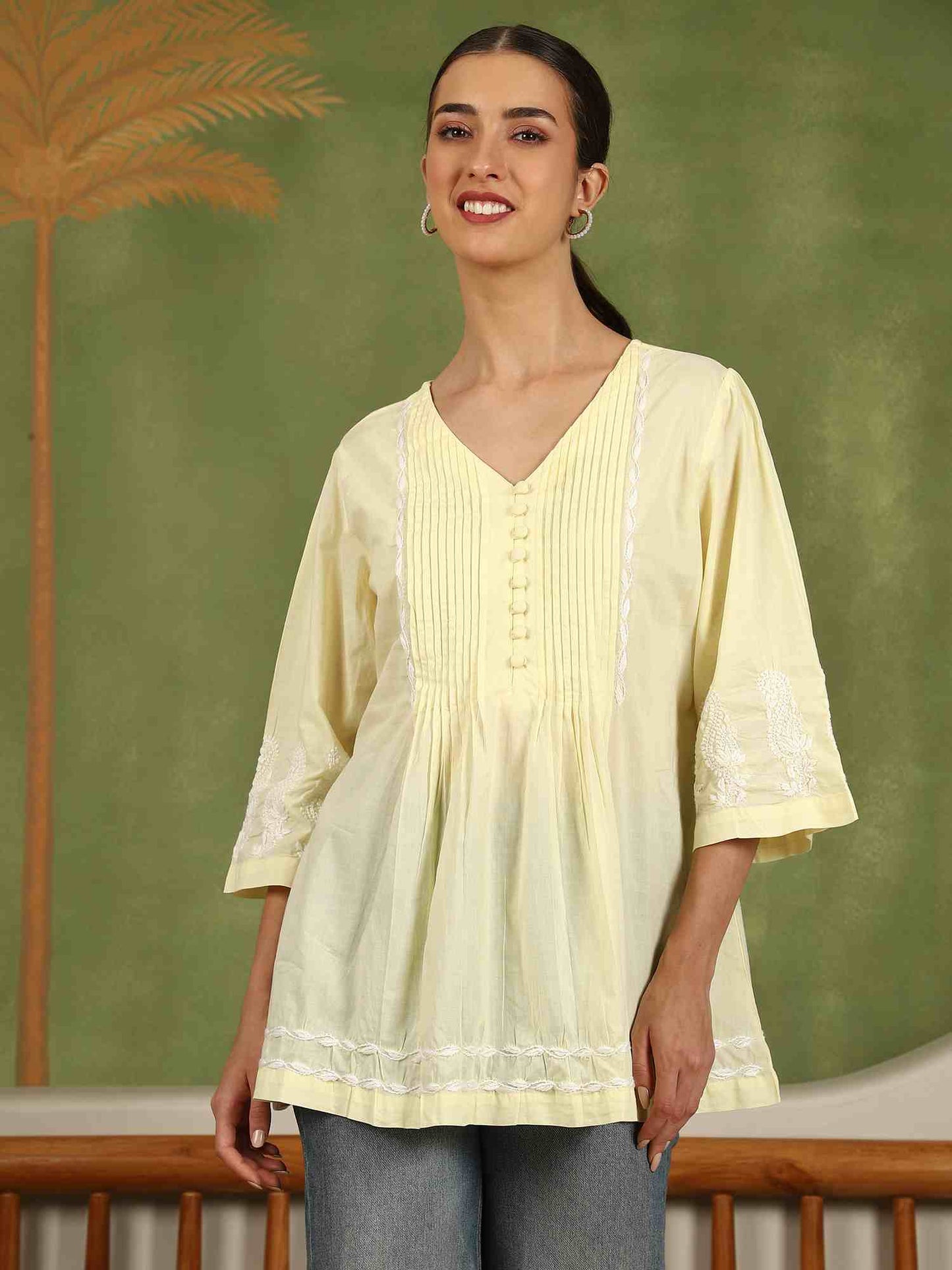 Elani Chikankari Top with White Boota & Bell Sleeves – Yellow