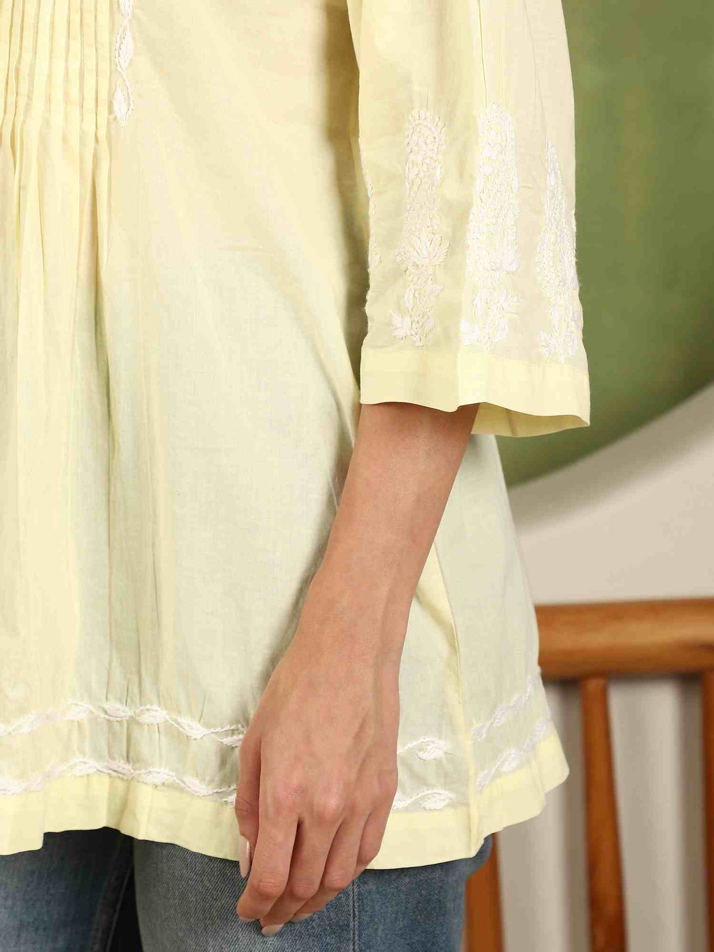 Elani Chikankari Top with White Boota & Bell Sleeves – Yellow