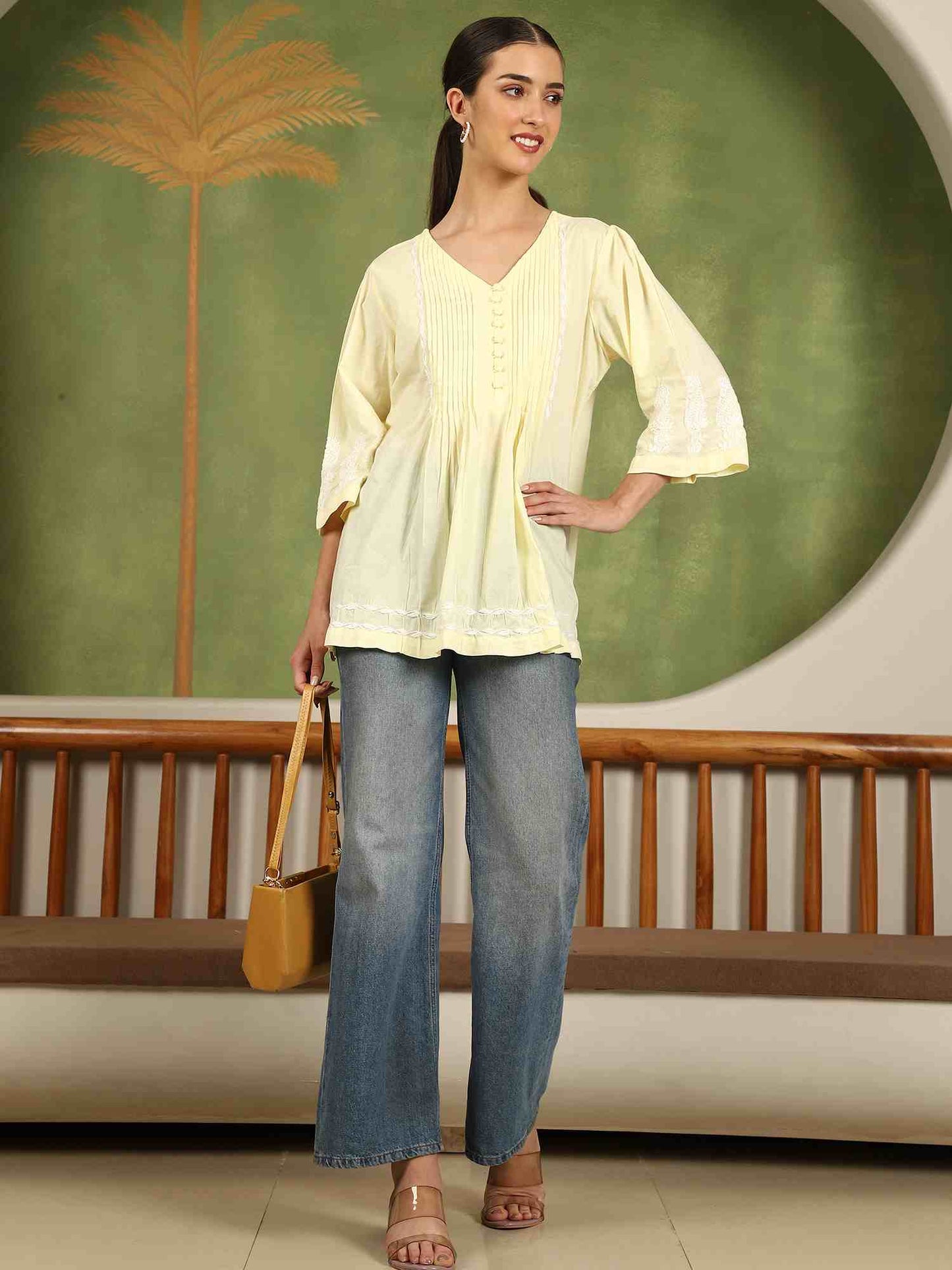 Elani Chikankari Top with White Boota & Bell Sleeves – Yellow