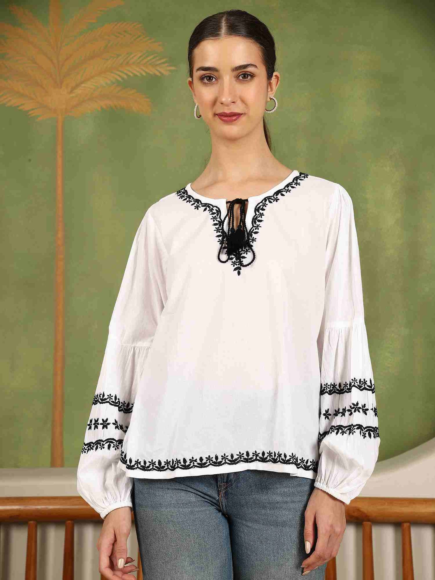 Felicia Chikankari Top with Black Thread & Balloon Sleeves- White