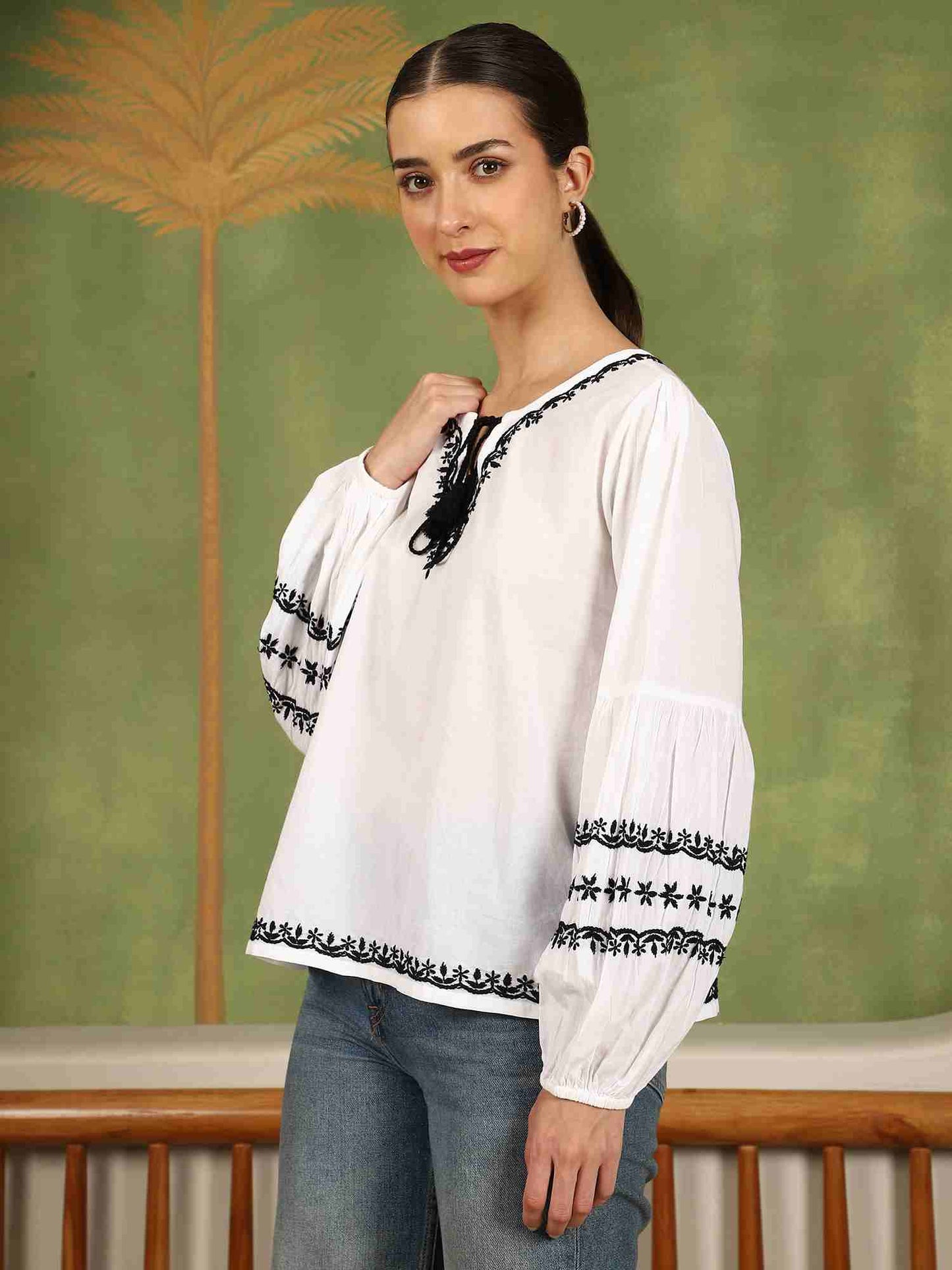 Felicia Chikankari Top with Black Thread & Balloon Sleeves- White