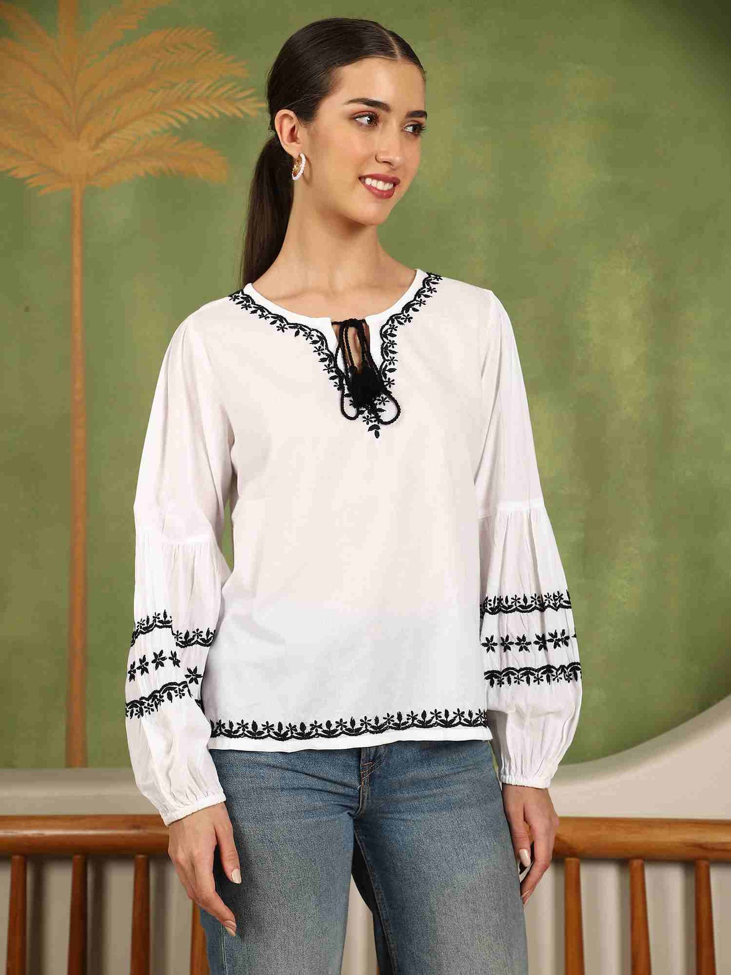 Felicia Chikankari Top with Black Thread & Balloon Sleeves- White