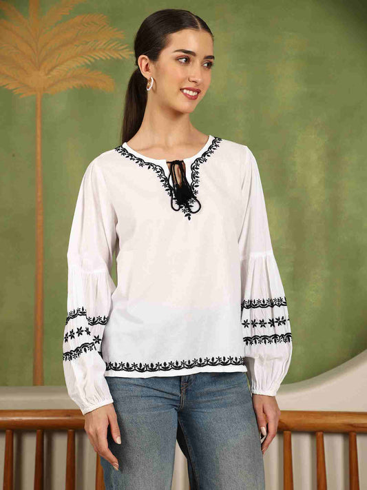 Felicia Chikankari Top with Black Thread & Balloon Sleeves- White