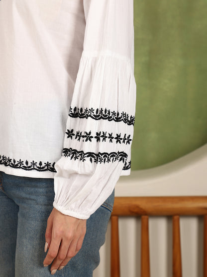 Felicia Chikankari Top with Black Thread & Balloon Sleeves- White