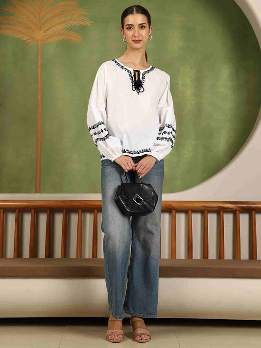 Felicia Chikankari Top with Black Thread & Balloon Sleeves- White