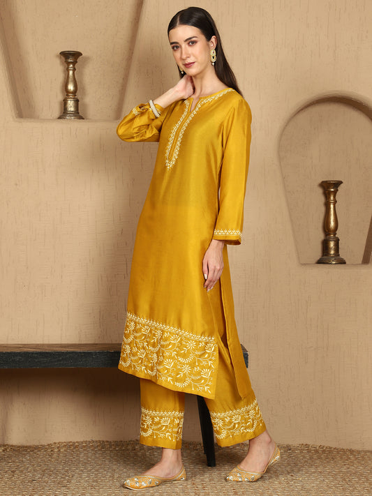 Janhvi Yellow Chikankari Kurta Set with Butter Yellow Border – Notch Neck
