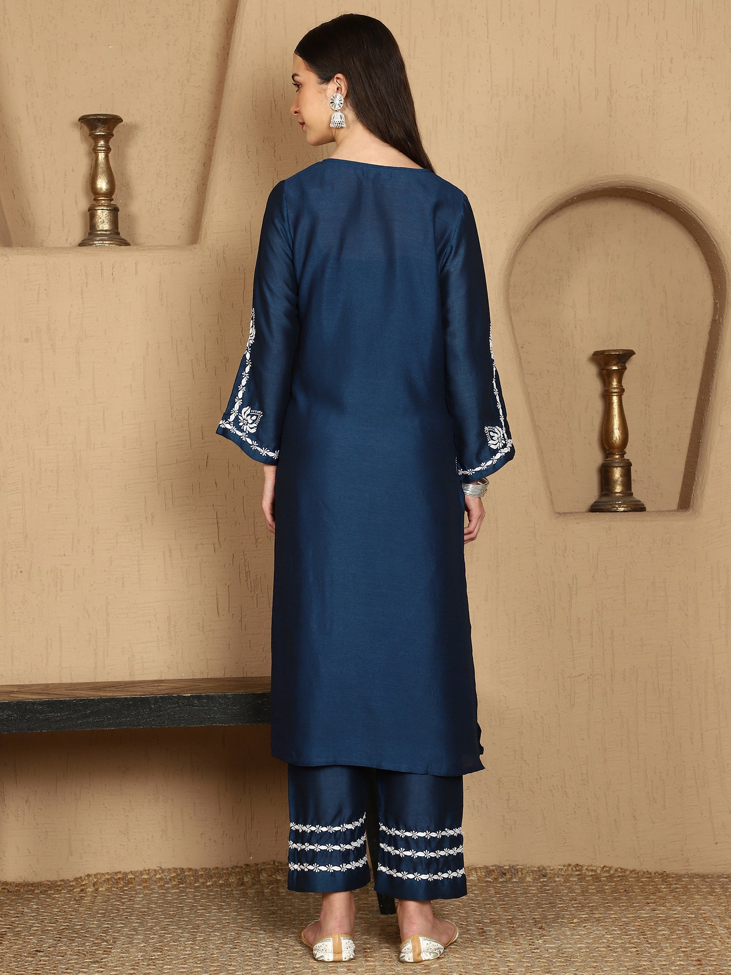 Kiara Blue Chikankari Kurta Set with White Thread – Notch Neck
