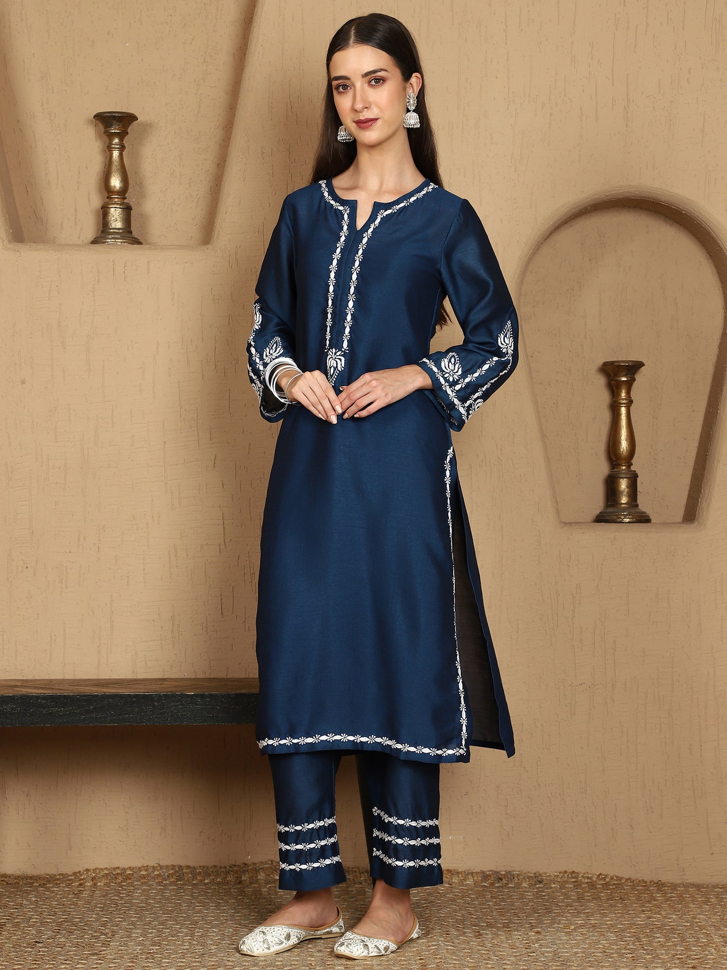 Kiara Blue Chikankari Kurta Set with White Thread – Notch Neck