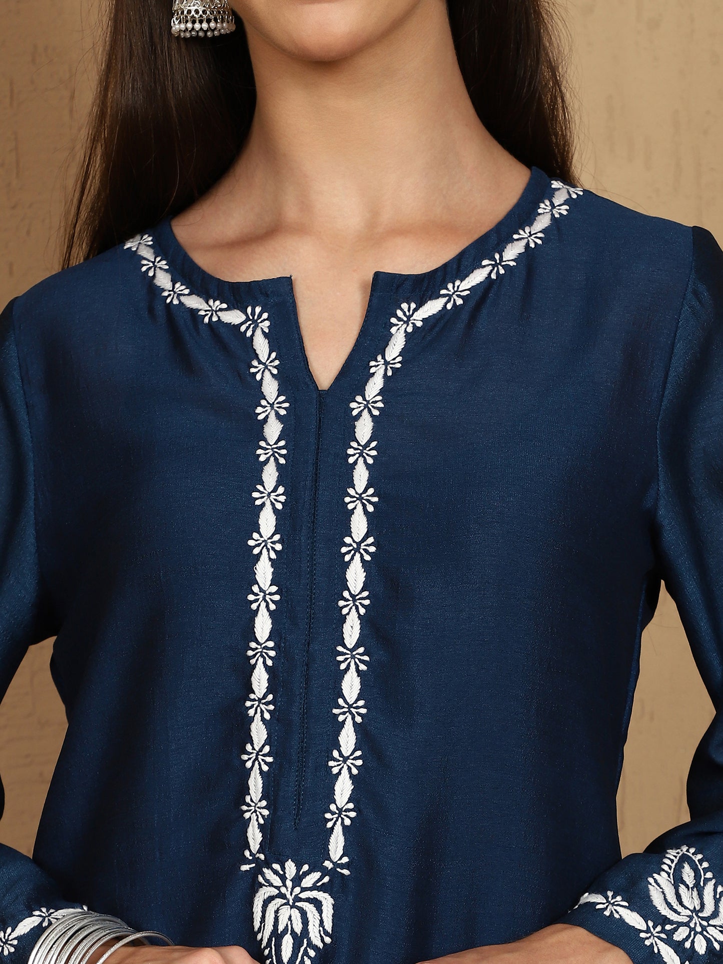 Kiara Blue Chikankari Kurta Set with White Thread – Notch Neck