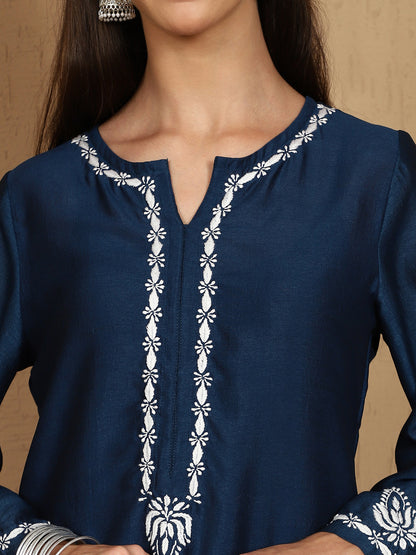 Kiara Blue Chikankari Kurta Set with White Thread – Notch Neck