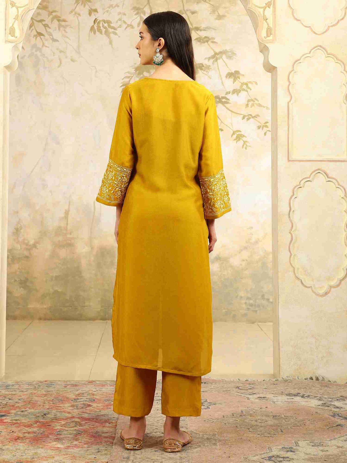 Yamini Yellow Chikankari Kurta Set with Butter Yellow Butta – V Neck