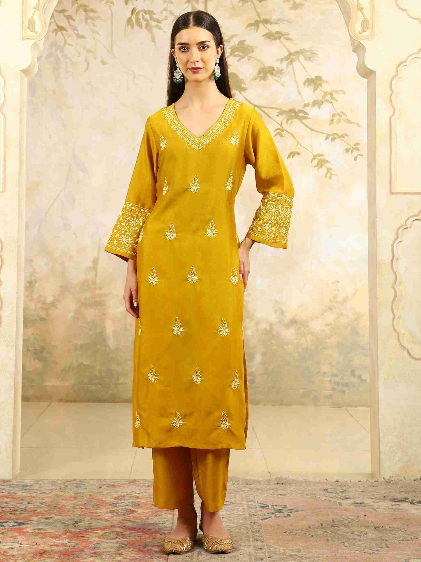Yamini Yellow Chikankari Kurta Set with Butter Yellow Butta – V Neck