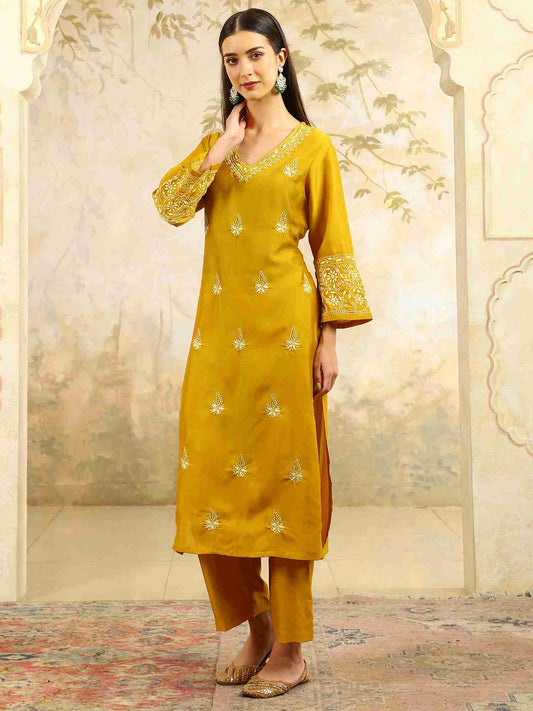 Yamini Yellow Chikankari Kurta Set with Butter Yellow Butta – V Neck