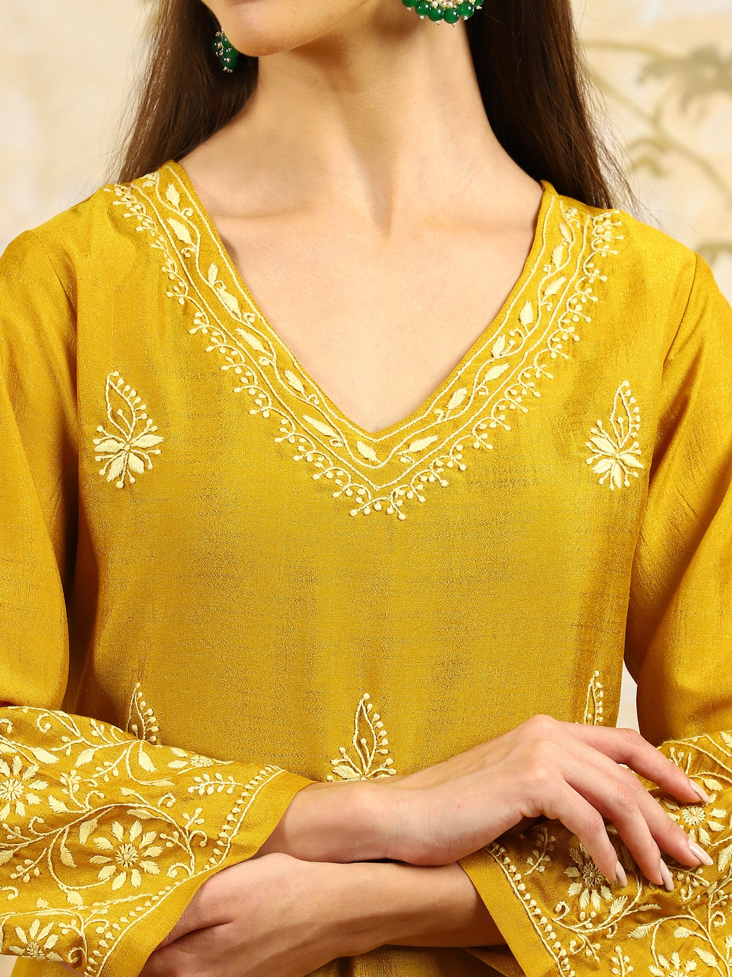 Yamini Yellow Chikankari Kurta Set with Butter Yellow Butta – V Neck