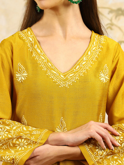 Yamini Yellow Chikankari Kurta Set with Butter Yellow Butta – V Neck