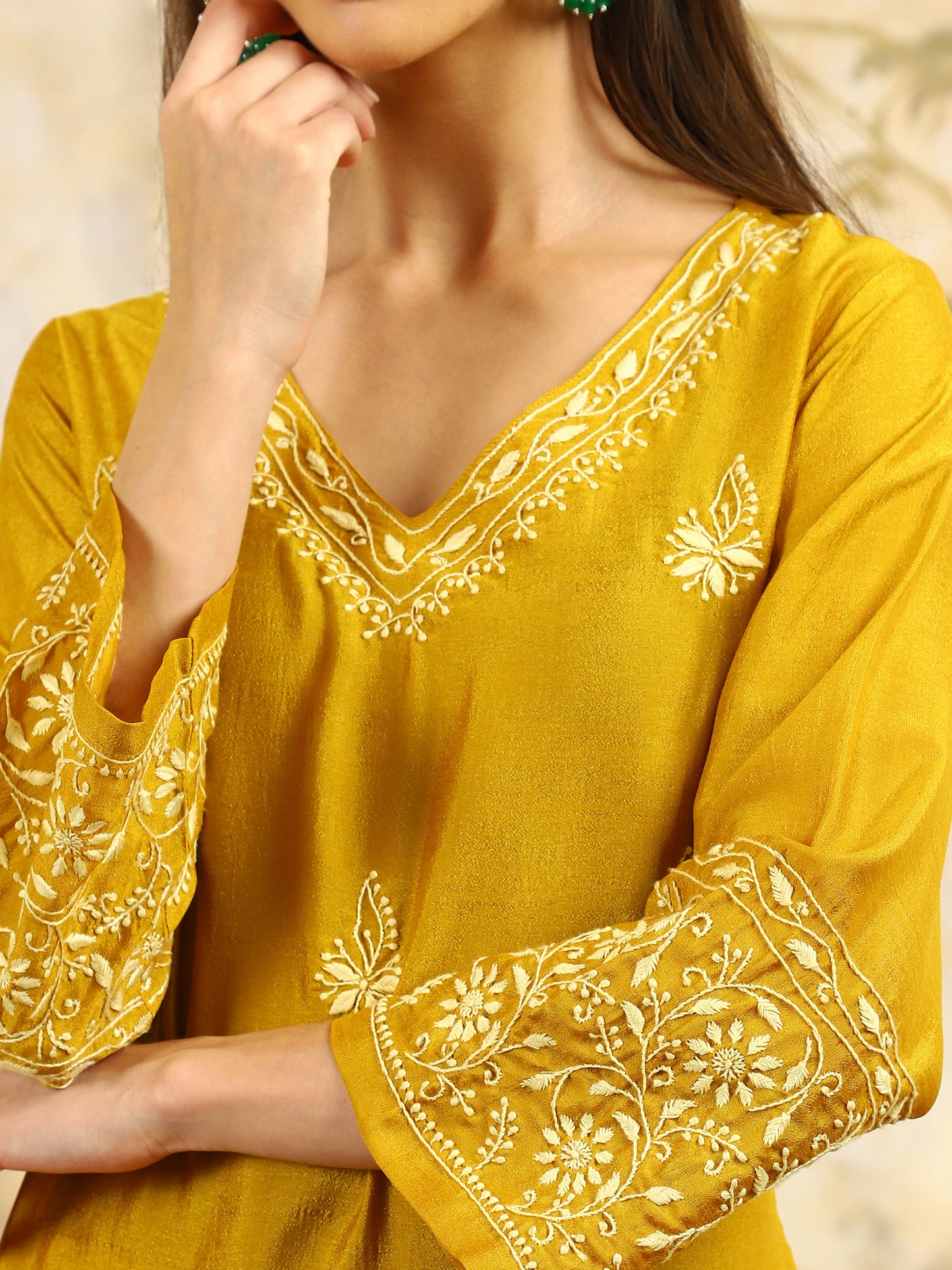 Yamini Yellow Chikankari Kurta Set with Butter Yellow Butta – V Neck