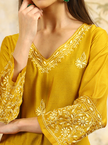 Yamini Yellow Chikankari Kurta Set with Butter Yellow Butta – V Neck