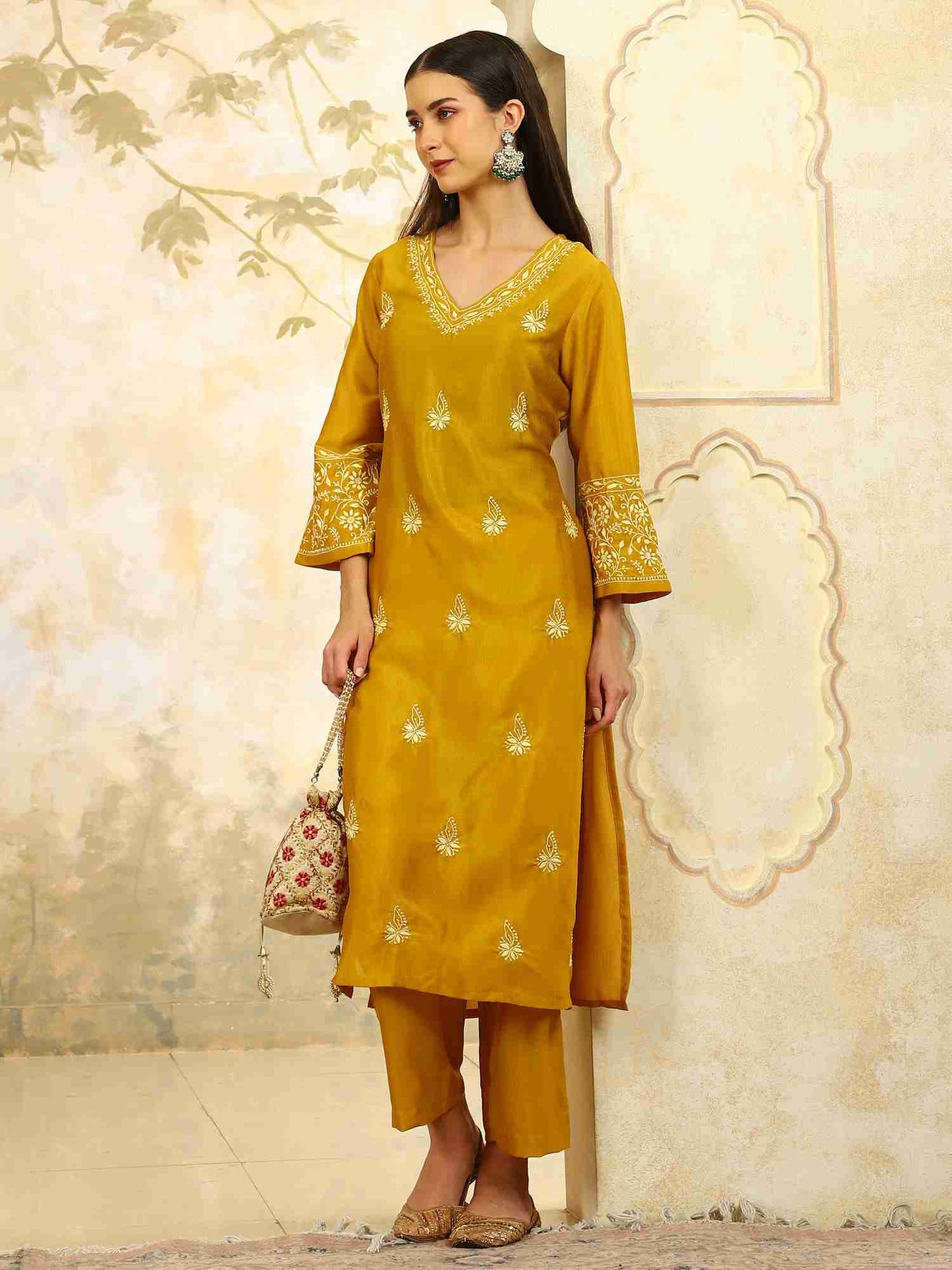 Yamini Yellow Chikankari Kurta Set with Butter Yellow Butta – V Neck