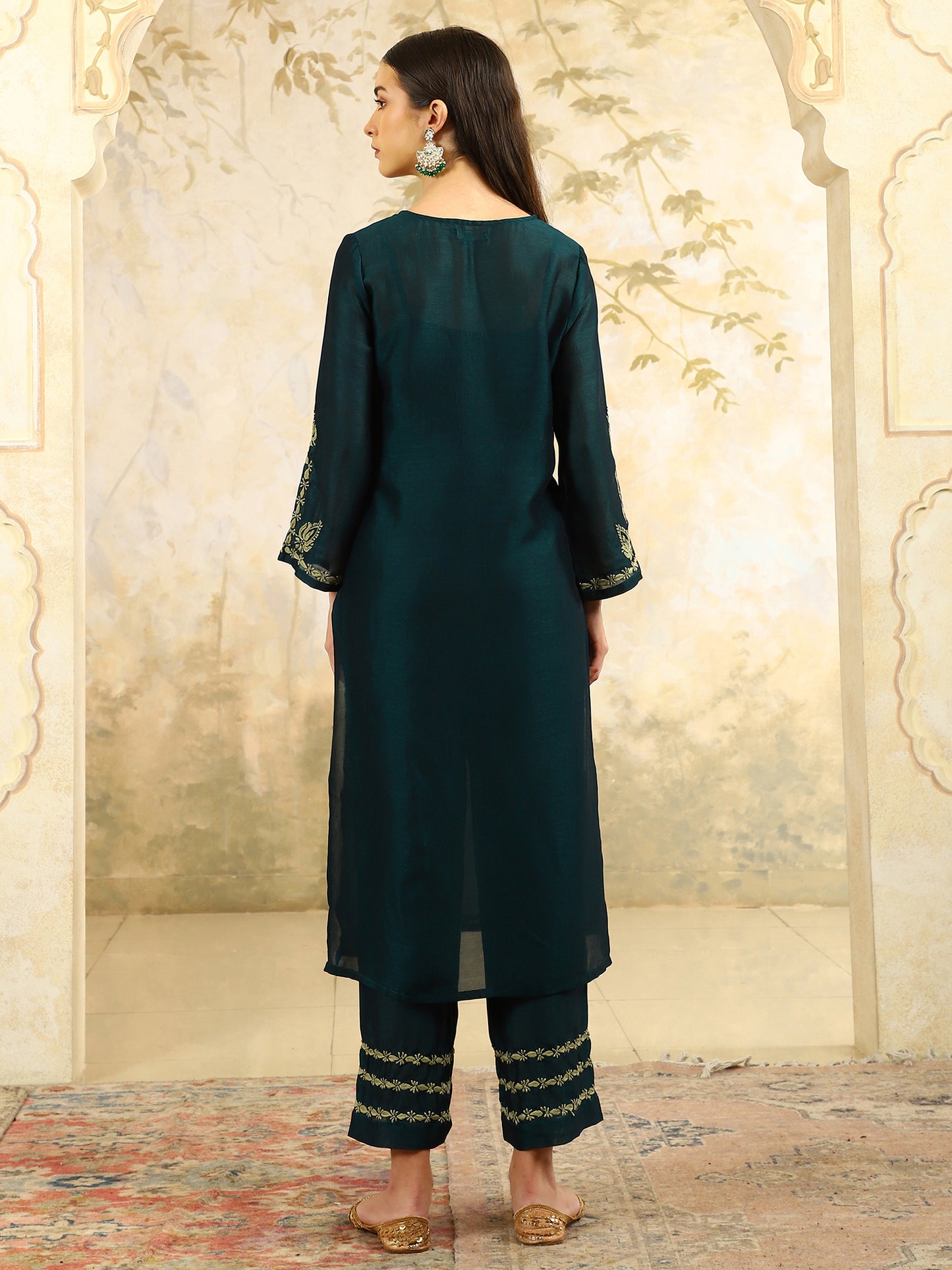 Urvi Green Chikankari Kurta Set with Pear Green Thread – Notch Neck