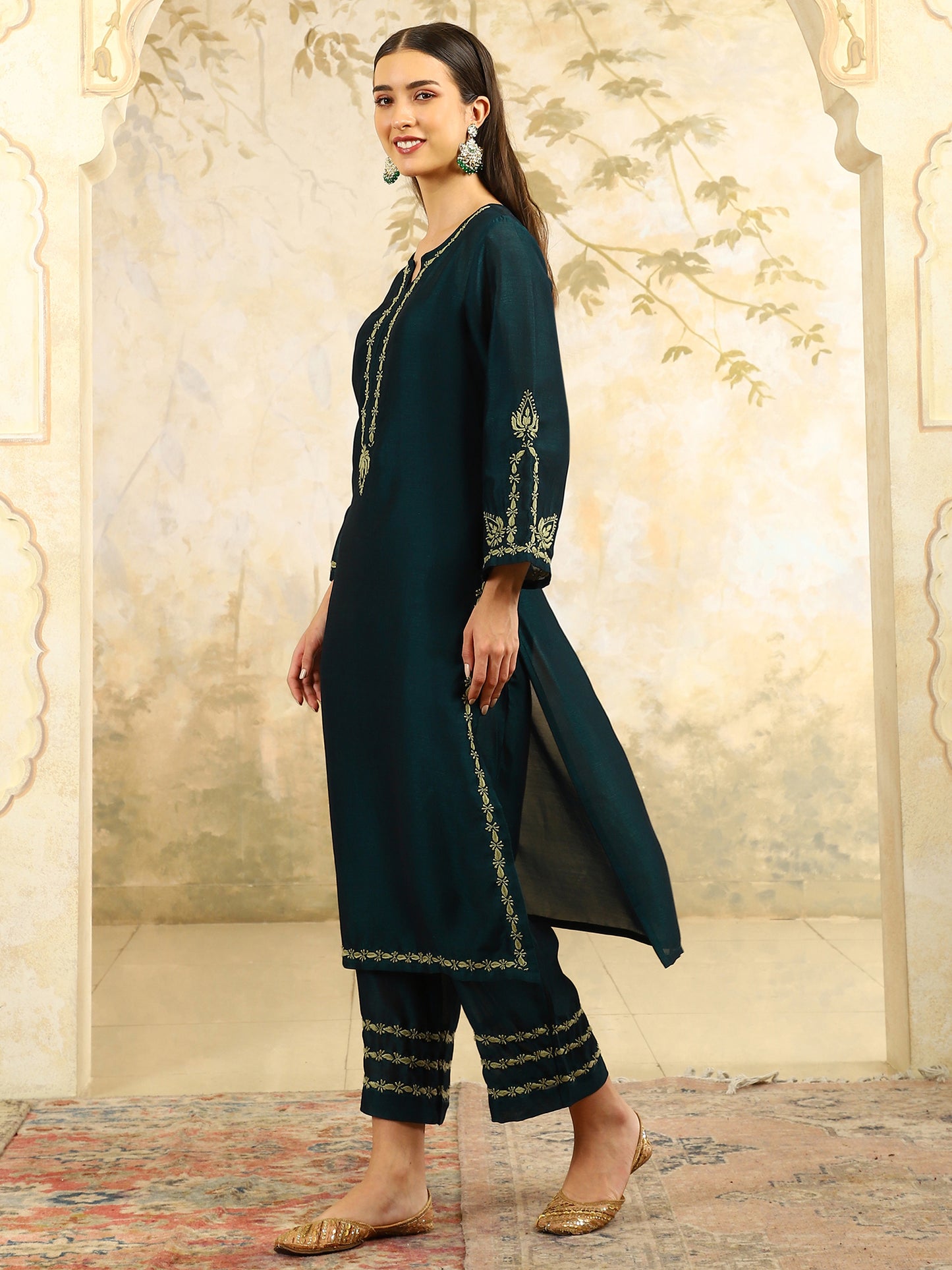 Urvi Green Chikankari Kurta Set with Pear Green Thread – Notch Neck