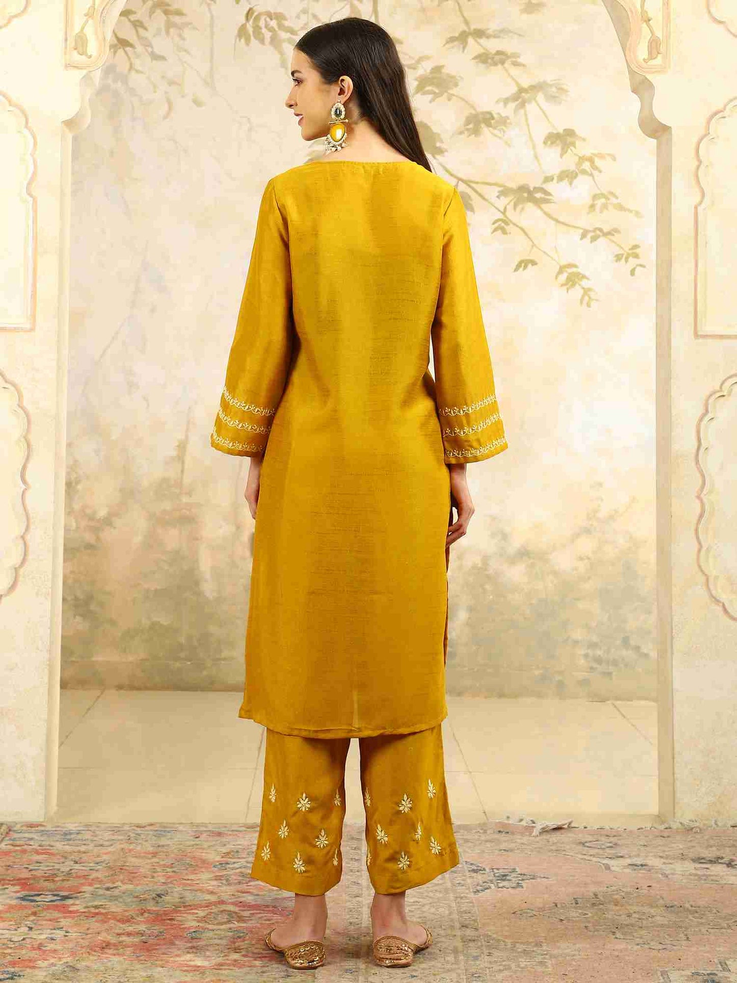 Ishani Yellow Chikankari Kurta Set with Butter Yellow Yoke – V Neck