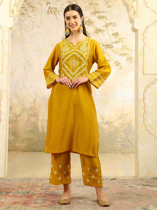 Ishani Yellow Chikankari Kurta Set with Butter Yellow Yoke – V Neck
