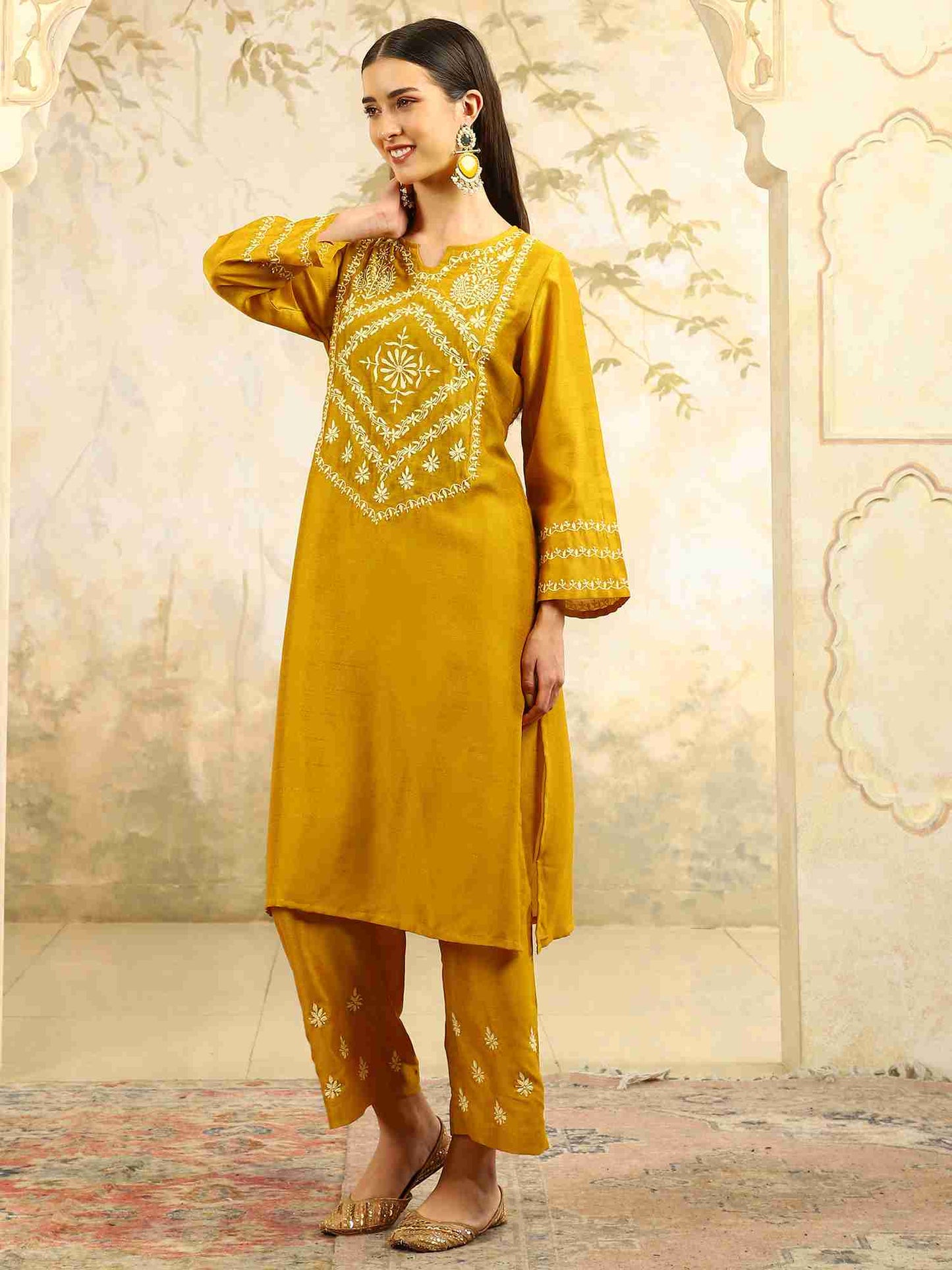Ishani Yellow Chikankari Kurta Set with Butter Yellow Yoke – V Neck
