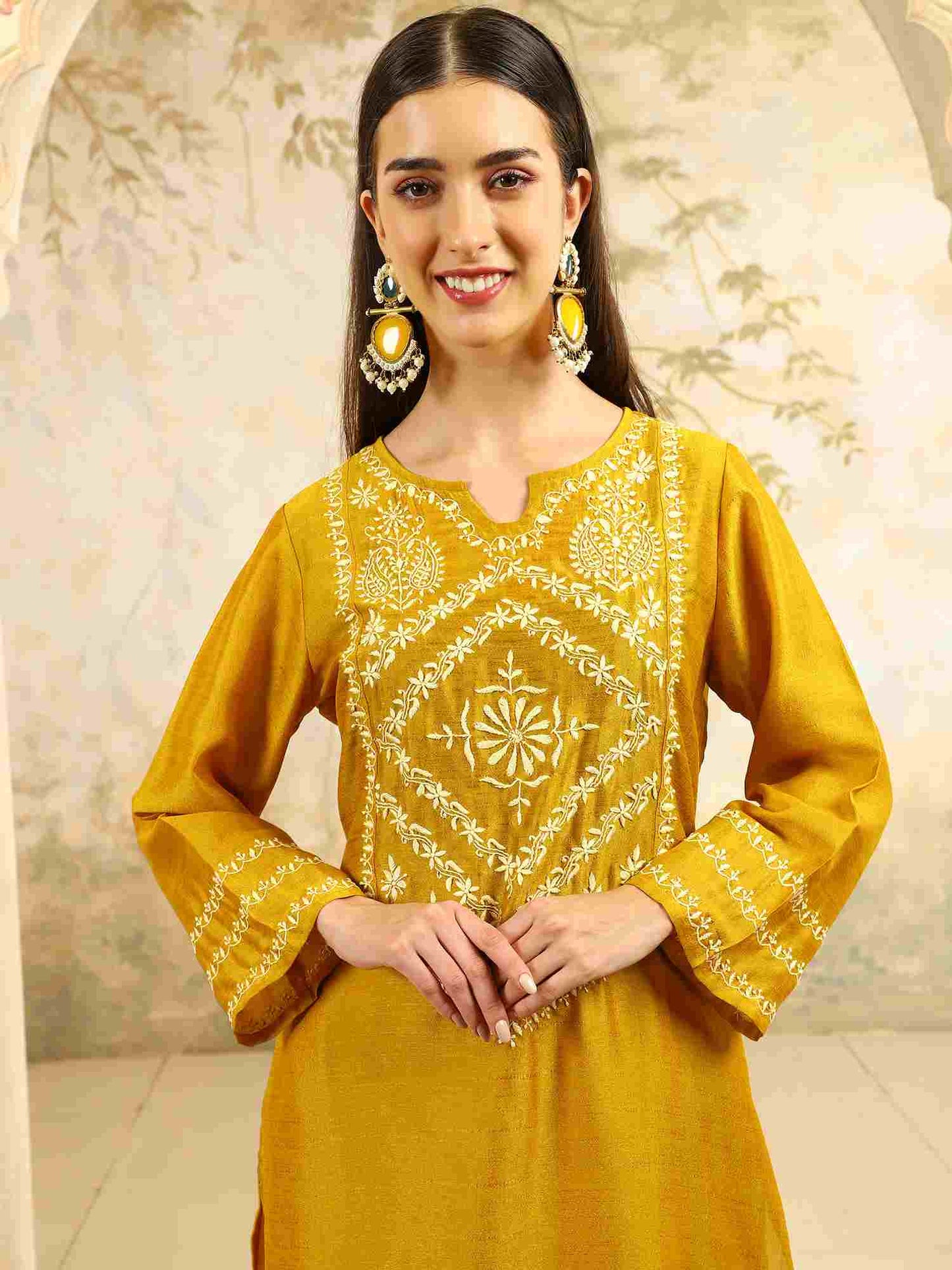 Ishani Yellow Chikankari Kurta Set with Butter Yellow Yoke – V Neck