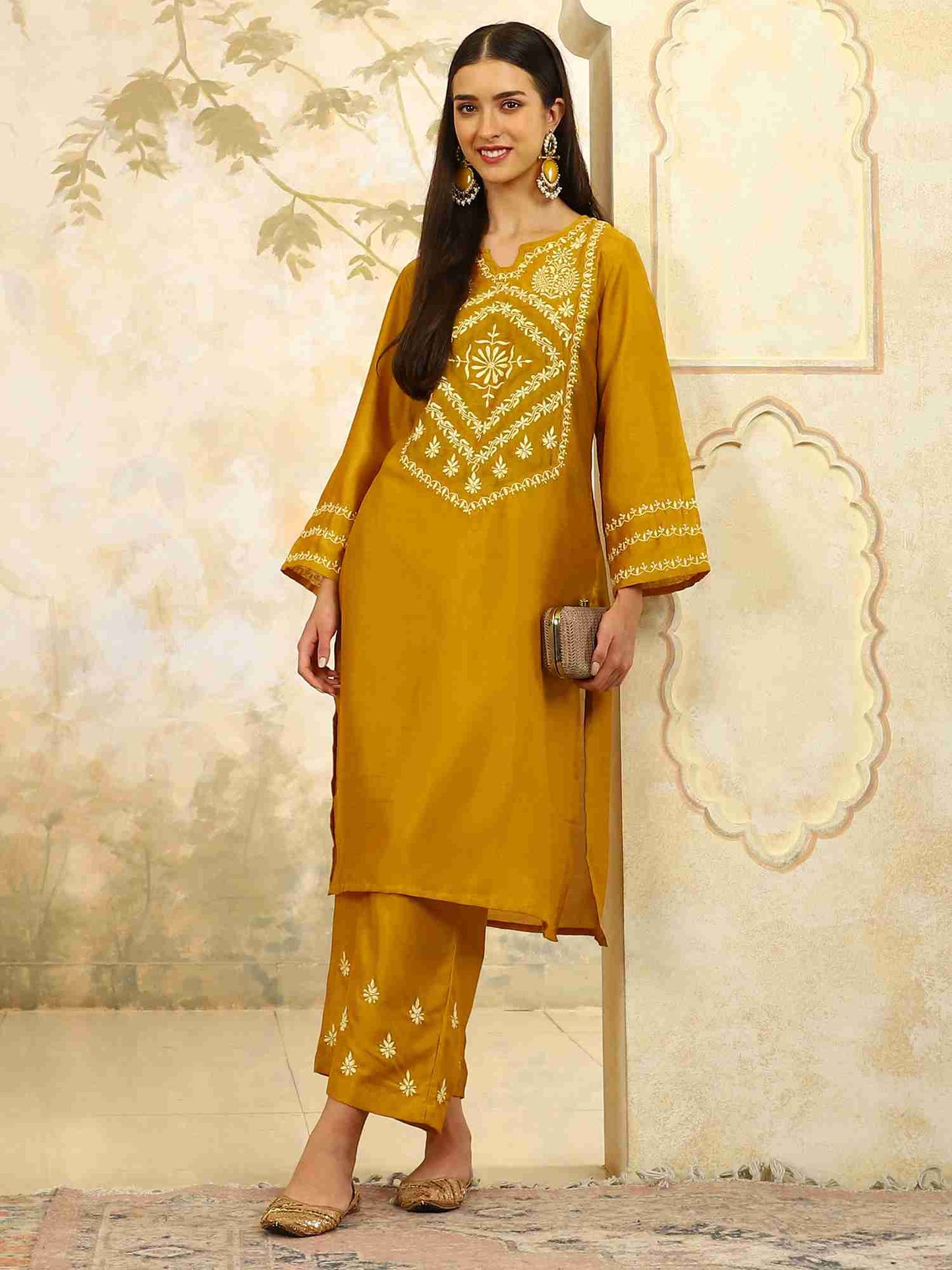 Ishani Yellow Chikankari Kurta Set with Butter Yellow Yoke – V Neck