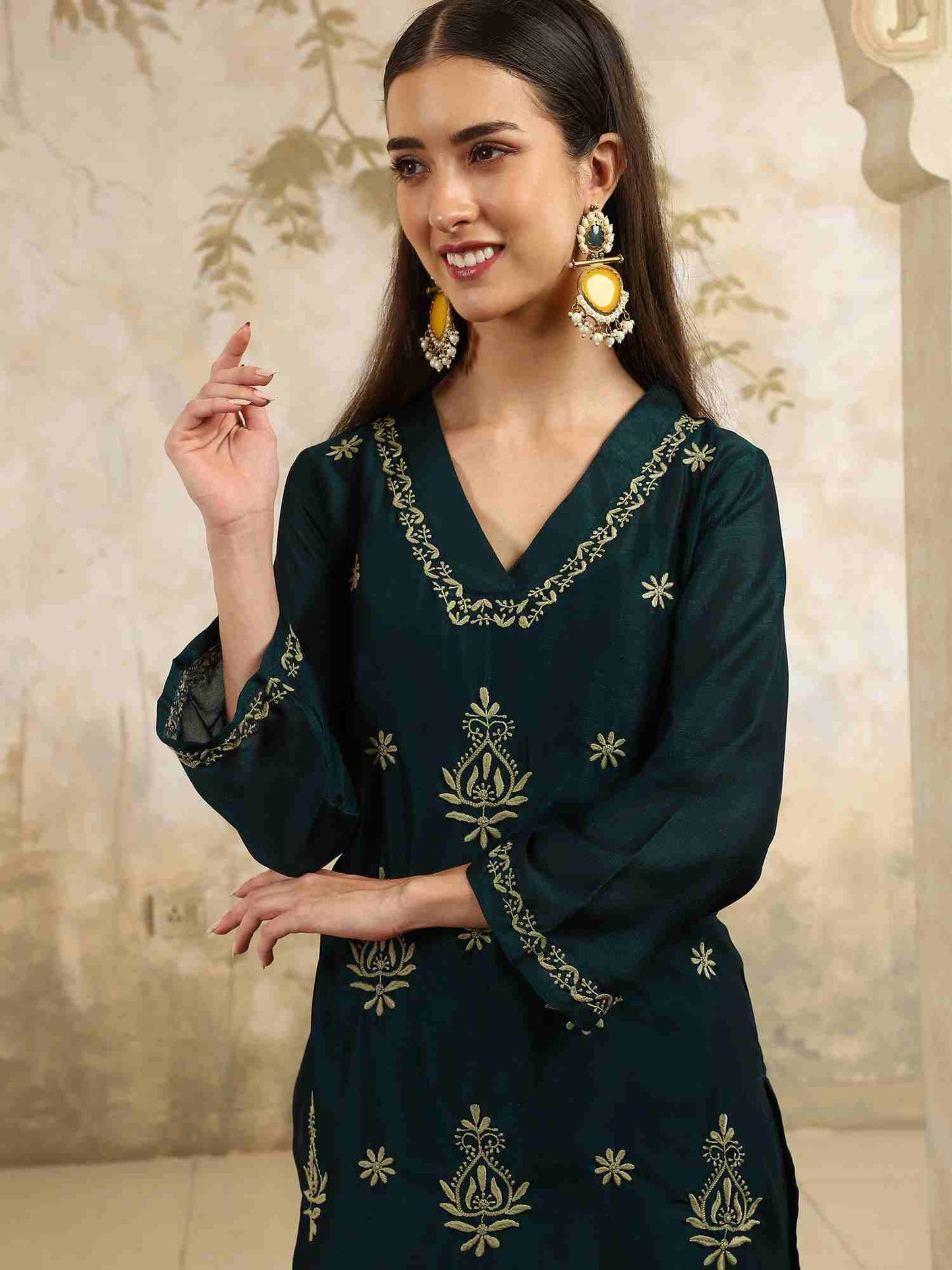 Siya Green Chikankari Kurta Set with Pear Green Thread – V Neck