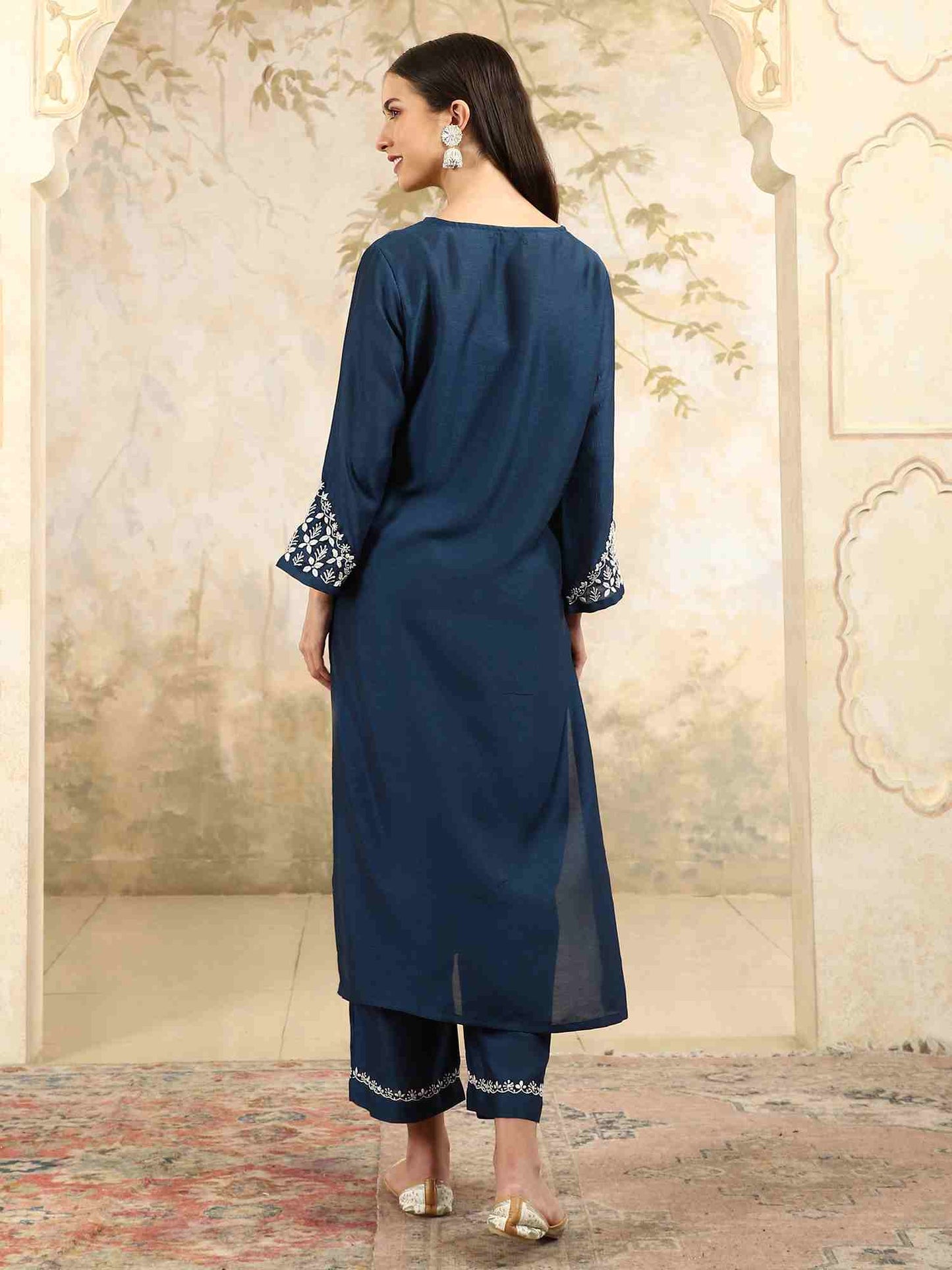 Prisha Blue Chikankari Kurta Set with Stylish White Yoke – V Neck