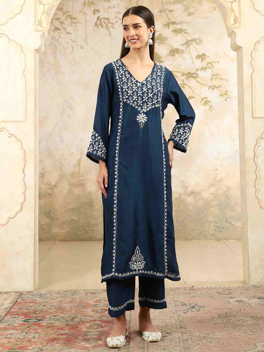 Prisha Blue Chikankari Kurta Set with Stylish White Yoke – V Neck