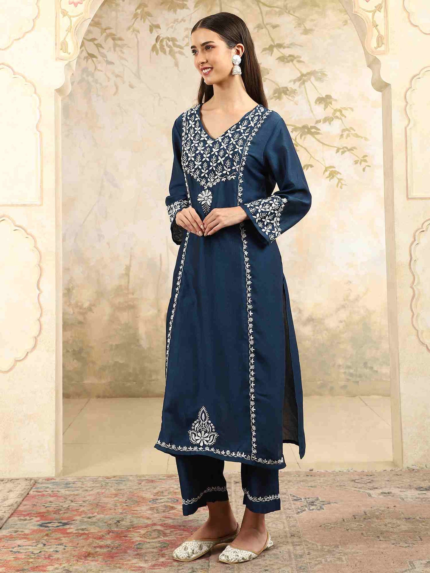 Prisha Blue Chikankari Kurta Set with Stylish White Yoke – V Neck