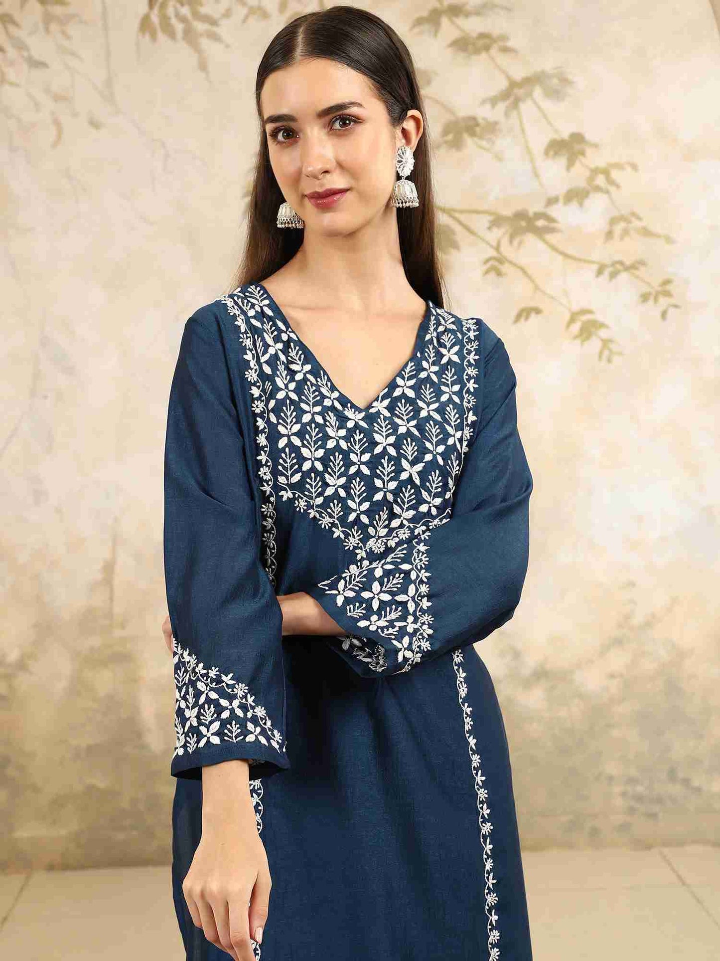 Prisha Blue Chikankari Kurta Set with Stylish White Yoke – V Neck