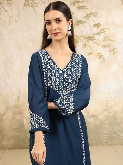 Prisha Blue Chikankari Kurta Set with Stylish White Yoke – V Neck