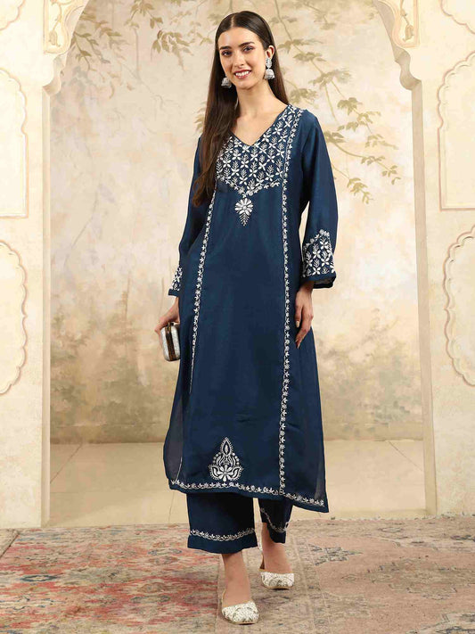 Prisha Blue Chikankari Kurta Set with Stylish White Yoke – V Neck