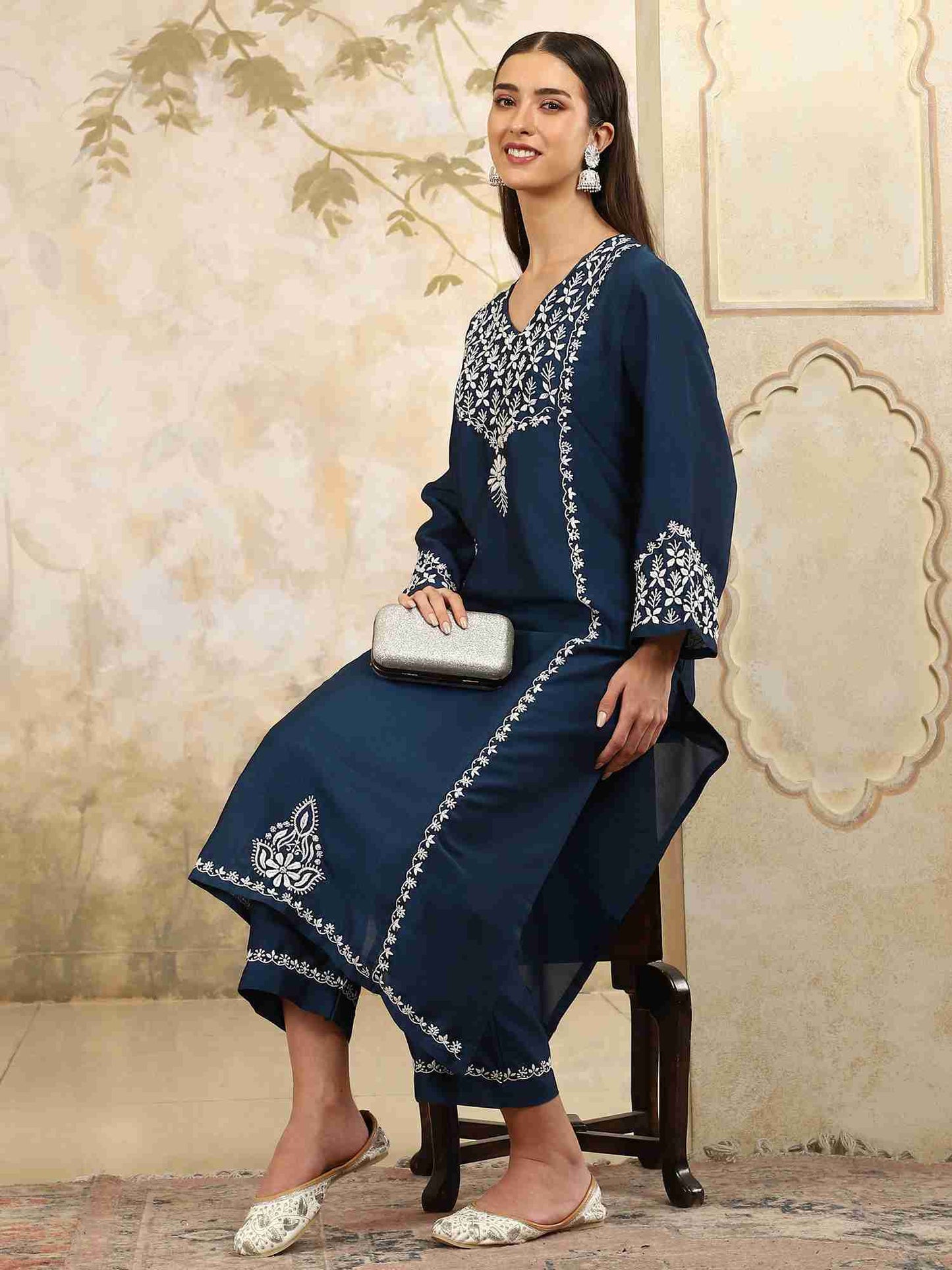 Prisha Blue Chikankari Kurta Set with Stylish White Yoke – V Neck
