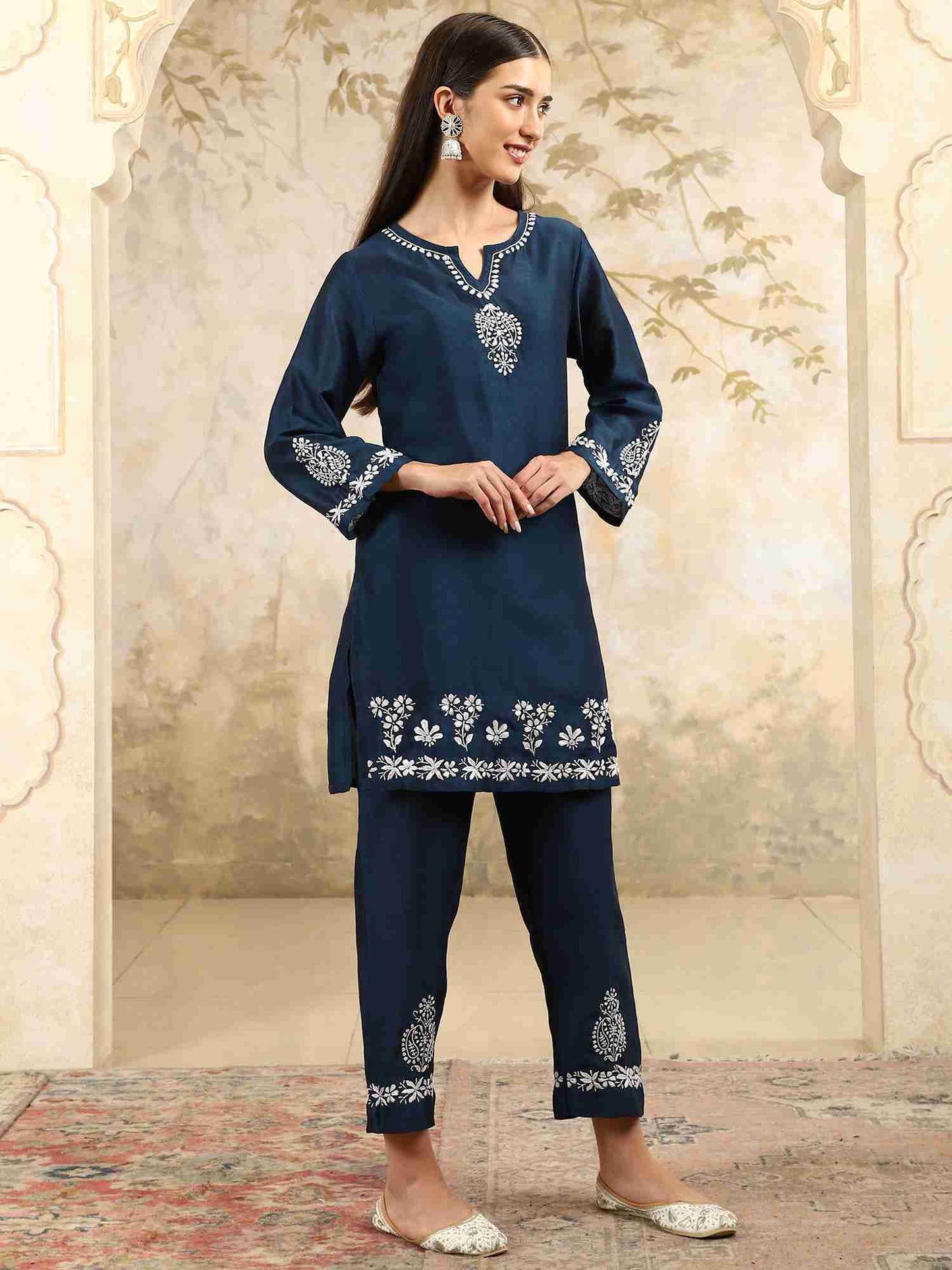 Yasmin Chikankari Kurta Set with White Thread – Notch Neck