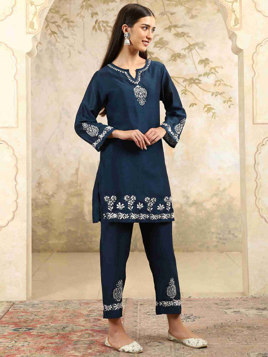 Yasmin Chikankari Kurta Set with White Thread – Notch Neck