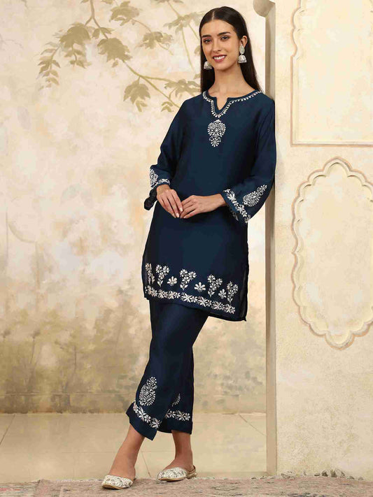 Yasmin Chikankari Kurta Set with White Thread – Notch Neck