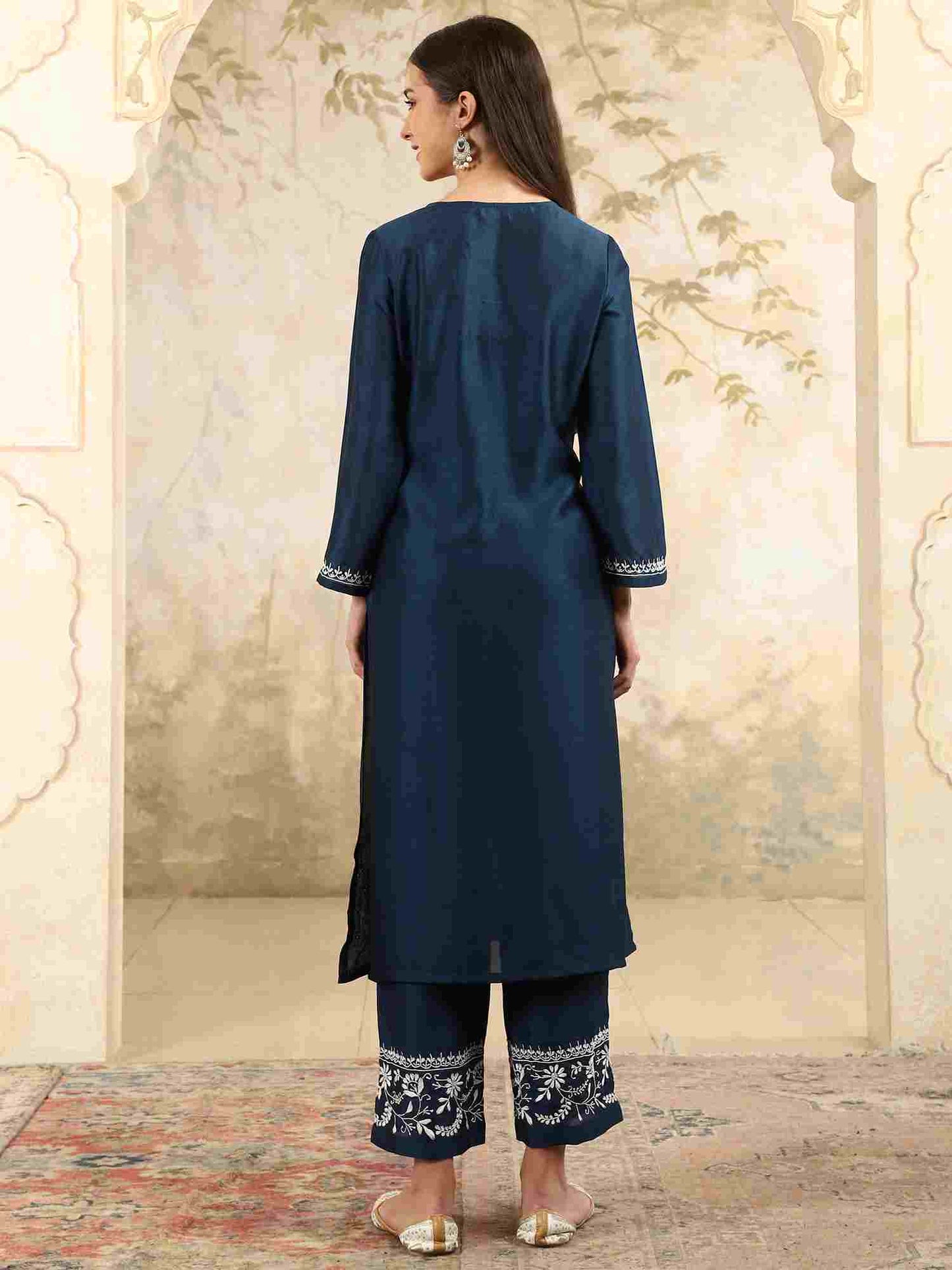 Samaira Blue Chikankari Kurta Set with White Border – Notch Neck