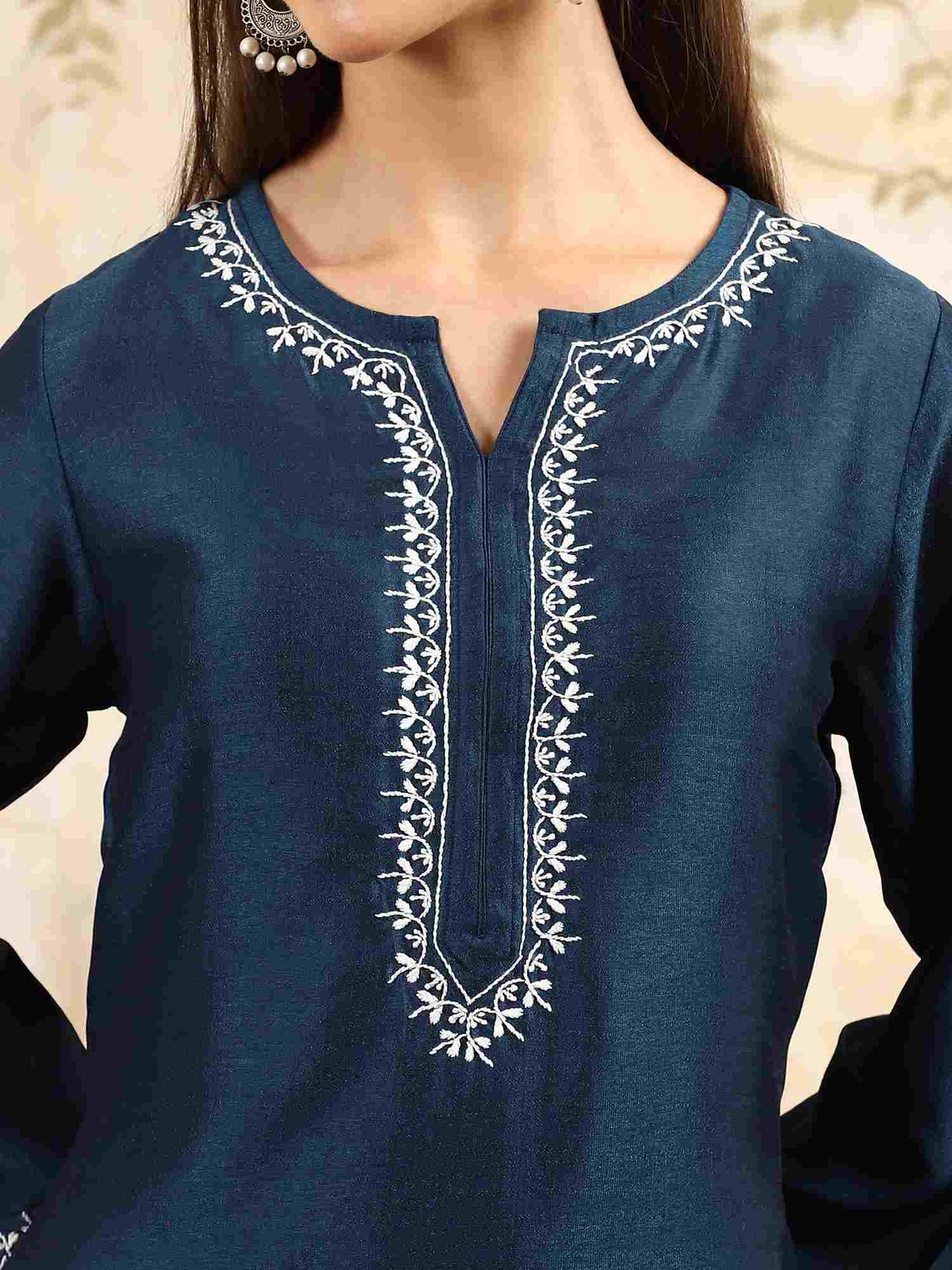 Samaira Blue Chikankari Kurta Set with White Border – Notch Neck