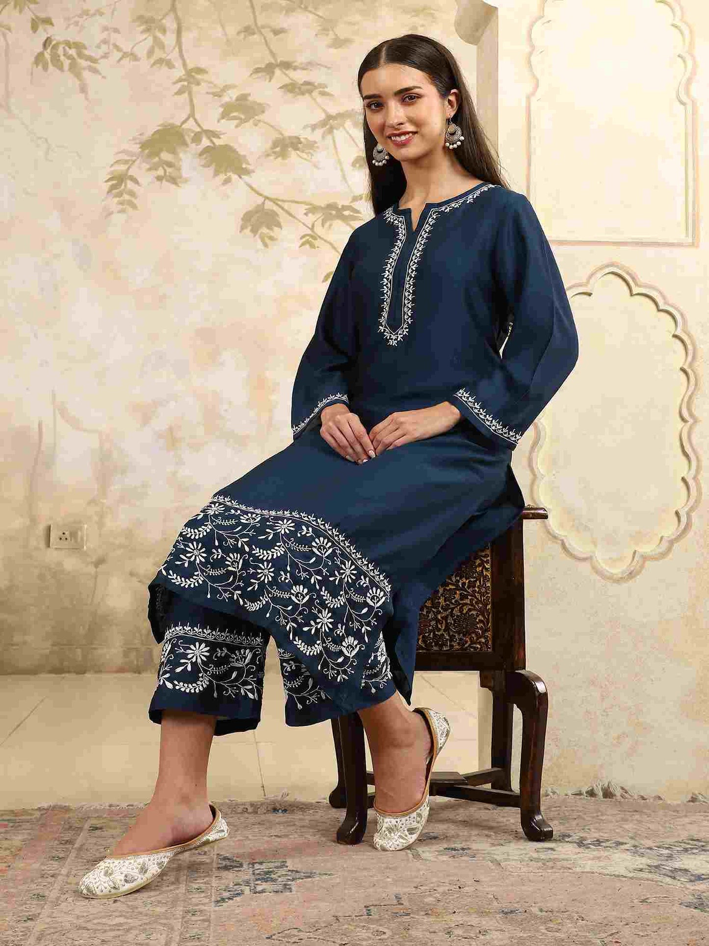Samaira Blue Chikankari Kurta Set with White Border – Notch Neck