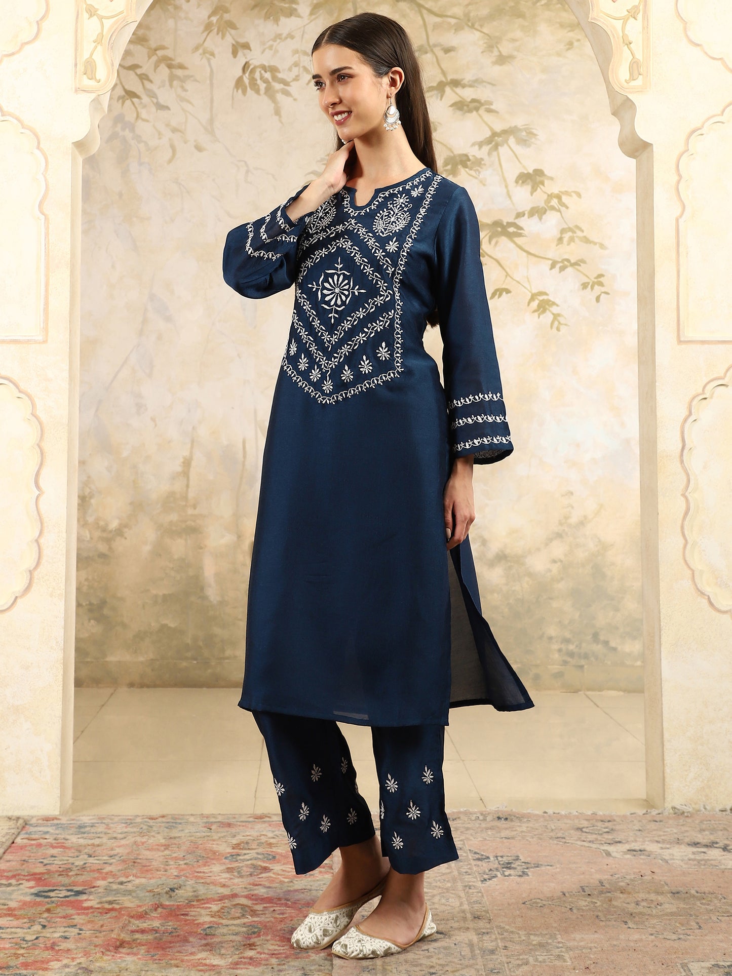 Zainab Blue Chikankari Kurta Set with White Yoke – Notch Neck