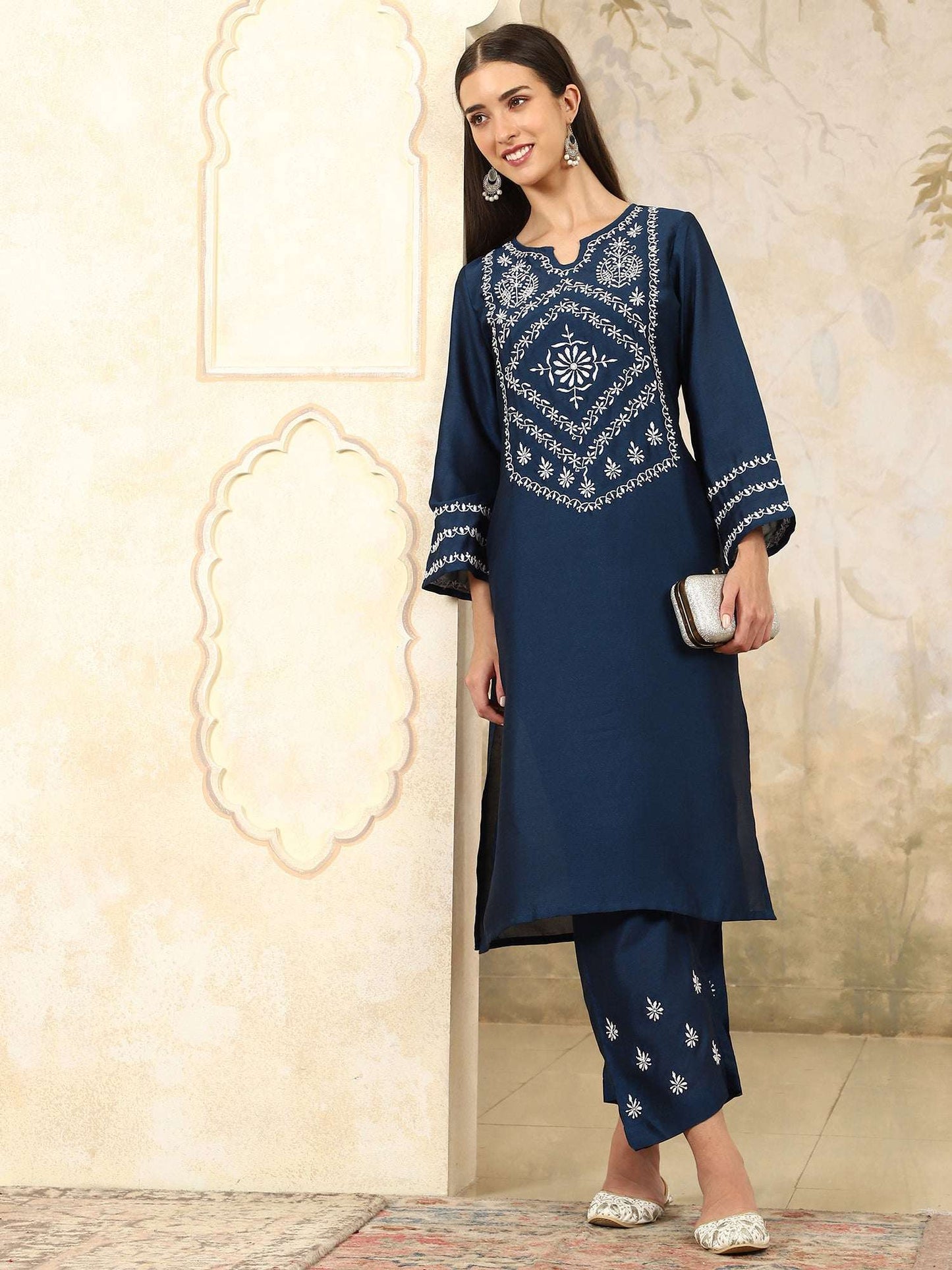 Zainab Blue Chikankari Kurta Set with White Yoke – Notch Neck