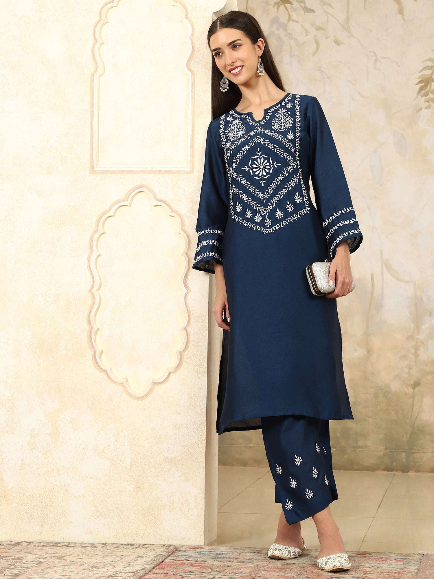 Zainab Blue Chikankari Kurta Set with White Yoke – Notch Neck
