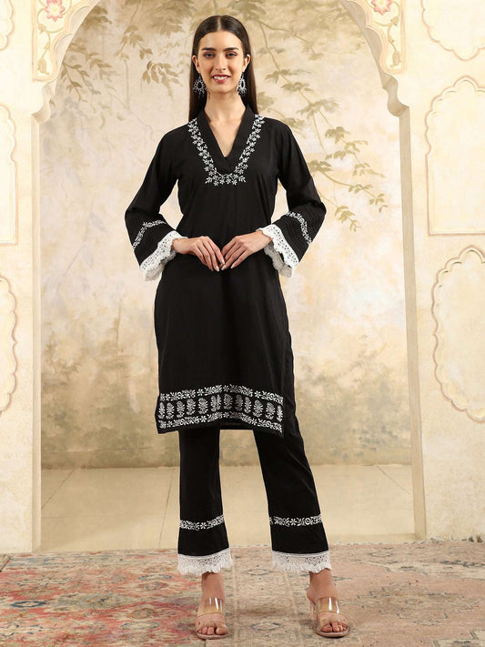 Saba  Black Chikankari Kurta Set with White Thread & Lace