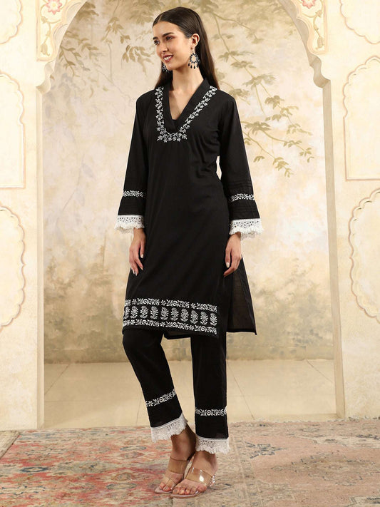 Saba  Black Chikankari Kurta Set with White Thread & Lace