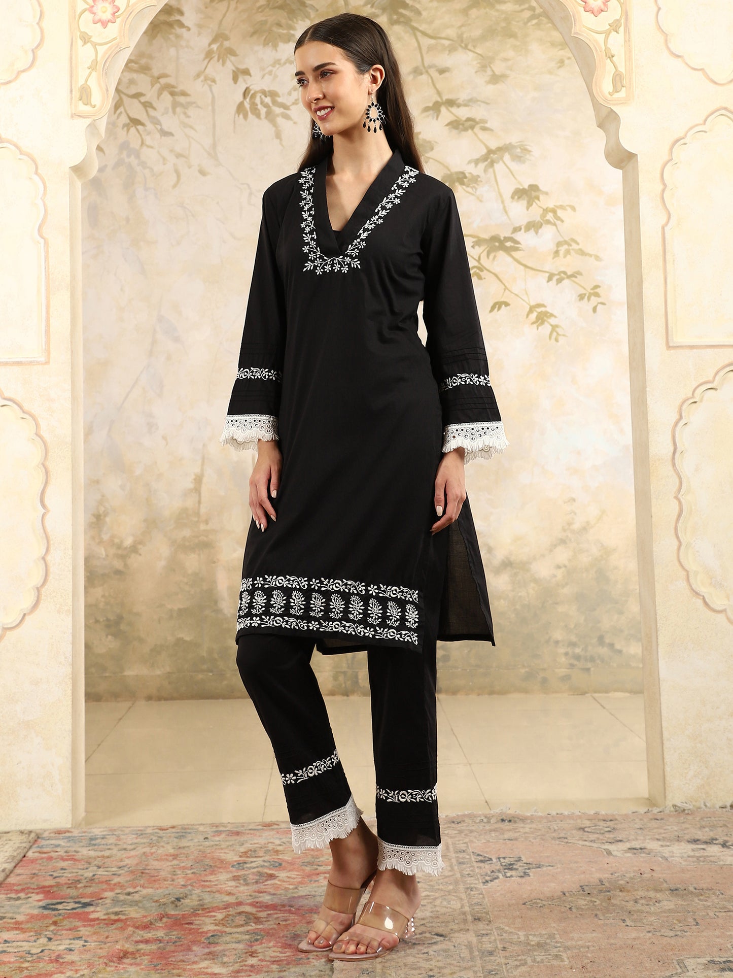 Saba  Black Chikankari Kurta Set with White Thread & Lace