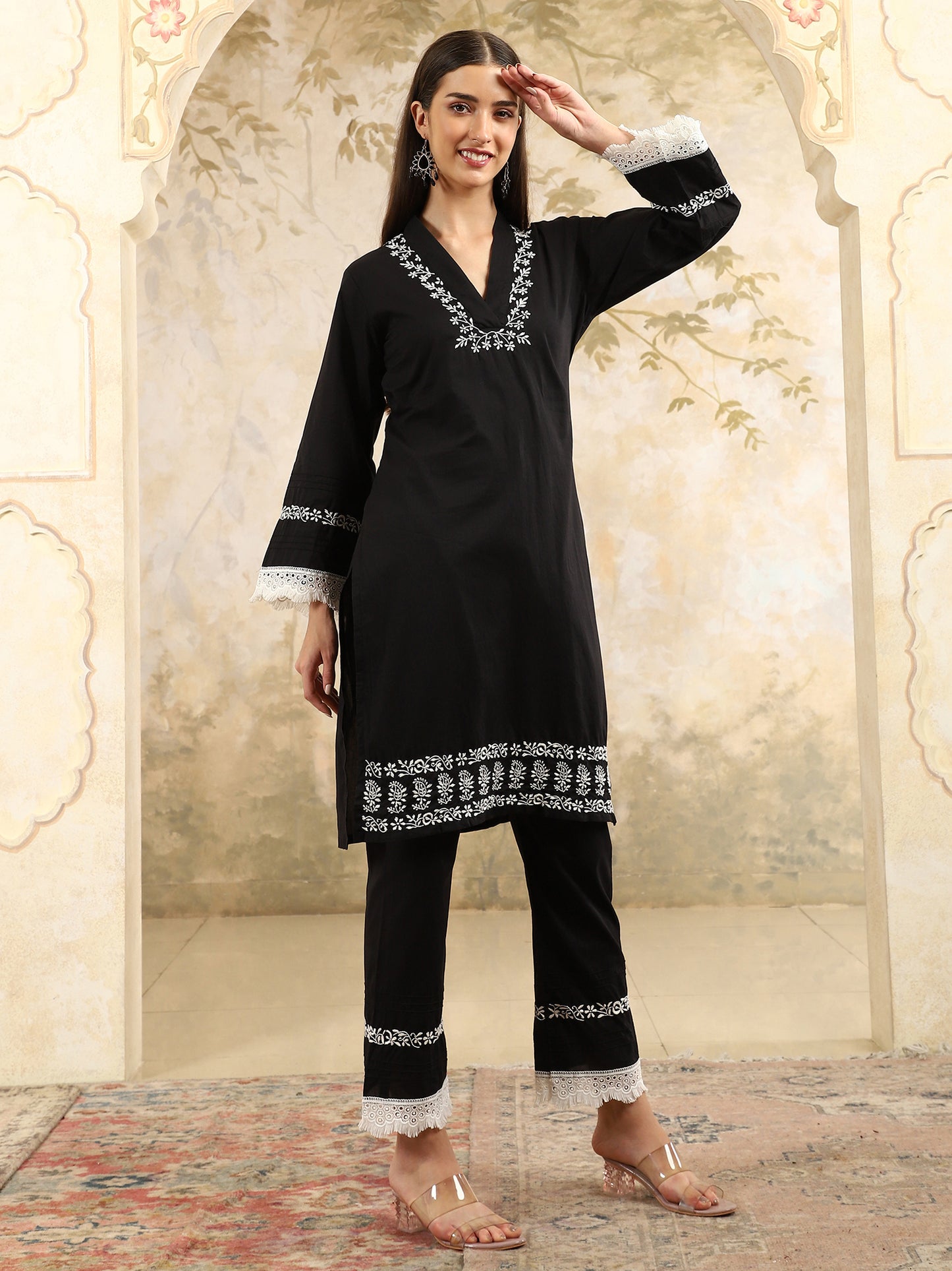 Saba  Black Chikankari Kurta Set with White Thread & Lace